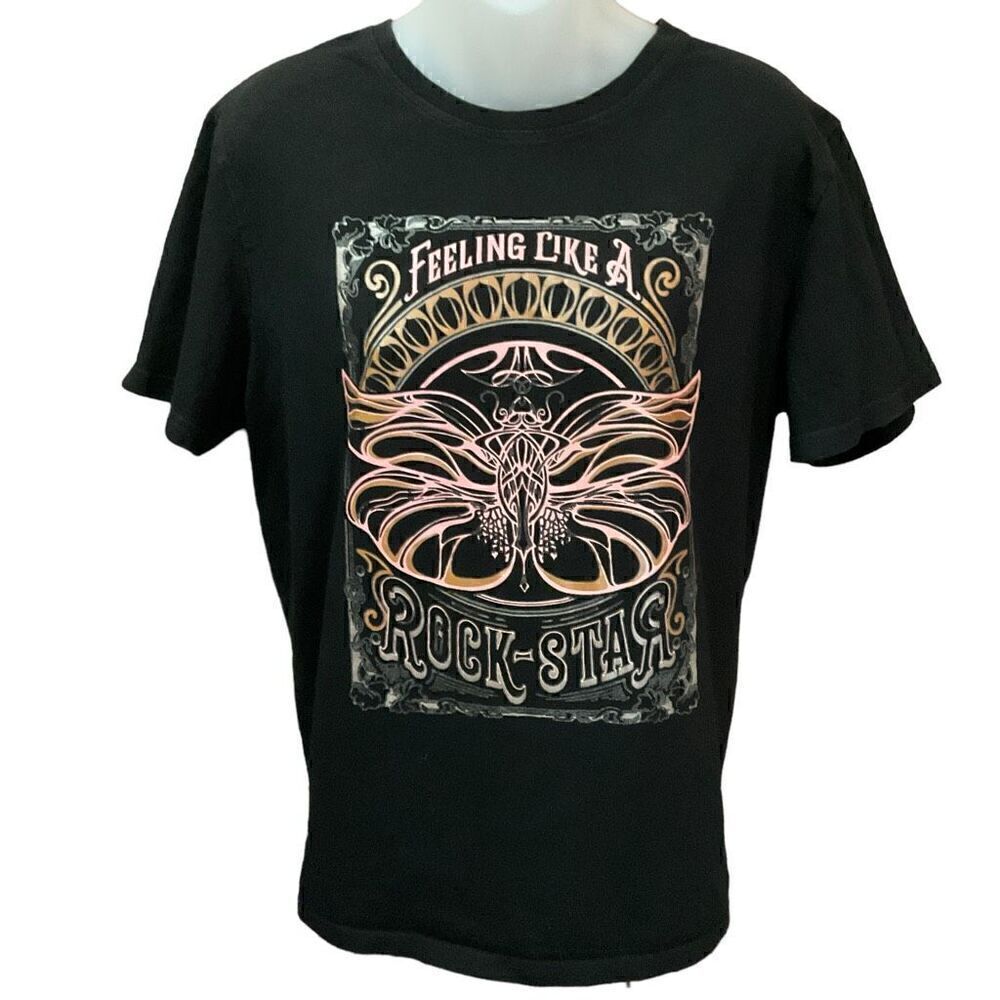 SHEIN Tee Shirt Graphic Feeling Like A Rockstar Black Butterfly Print Medium